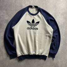 1スタ 70s 80s adidas アディダス ヴィンテージ フロッキー スウェット トレーナー ラグラン バイカラー M-エルサイズ相当 トレフォイル _画像1