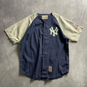 1スタ 90s vintage Yankees バイカラー ベースボールシャツ baseball shirt XLサイズ 相当 古着 半袖 シャツ 刺繍 デザイン ヤンキース