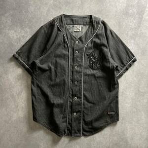 1スタ 90s vintage Yankees ブラック デニム ベースボールシャツ 半袖シャツ XLサイズ 相当