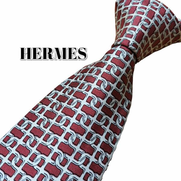 ★HERMES★　エルメス　レッド×ホワイト系　総柄　フランス製