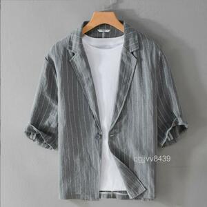 【XY54】シャツ メンズ テーラードジャケット 半袖 綿麻 ストライプ柄 サマージャケット 細身 夏 カジュアル ビジネス