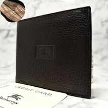 【極美品☆カード付き】バーバリー Burberry 小銭入れ付き二つ折り財布 トリヨンレザー 本革 ブラック黒 ノバチェック メンズ レディース_画像1