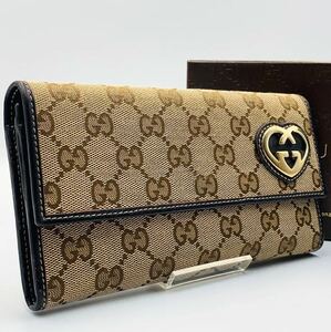 【美品☆付属付き】グッチGUCCI 長財布 ラブリーハート ロングウォレット GGキャンバス ダークブラウン レディース コンチネンタル レザー 