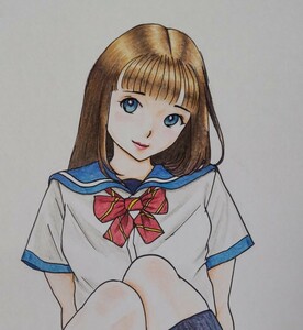 手描きイラスト オリジナル 色鉛筆画 直筆小色紙 18cmX21cmセーラー服 赤リボンお座り白パンツ