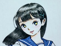 手描きイラスト オリジナル 原画 B5サイズ セーラー服 スカートでこんにちは_画像1