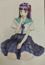 手描きイラスト オリジナル 原画B5サイズ 色鉛筆画 セーラー服 ぺたんこ座り_画像2