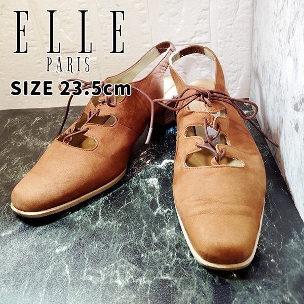 【中古美品】ELLE パンプス ブラウン☆スエード☆23.5cm☆靴紐タイプ☆状態良好