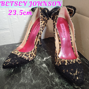 【中古美品】BETSEY JOHNSONパンプス☆ヒョウ柄☆23.5cm☆黒リボン☆黒レース ポインデットトゥ