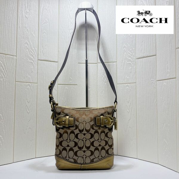 ★美品★ コーチ COACH 7090 シグネチャー ロゴ ショルダーバッグ ジャカード地 ゴールドカラー ベージュ 