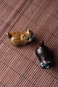 Art hand Auction Set of 2 wooden cats, green ebony, ebony, desk decoration, ornament, with bell, gift box, Handmade items, interior, miscellaneous goods, ornament, object