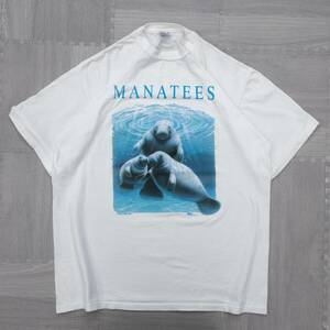 古着 90s MANATEES マナティー アニマルプリント Tシャツ トップス メンズXL USA製 ホワイト