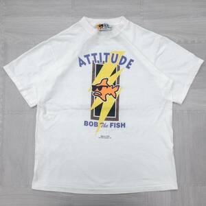 古着 90s ATTITUDE BOB The FISH 魚 デザイン 両面プリント トップス メンズL ホワイト シングルステッチ