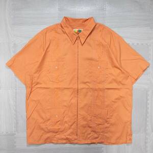 古着 GUAYABERA キューバシャツ ファスナー 刺繍デザイン 半袖シャツ トップス メンズXL オレンジ