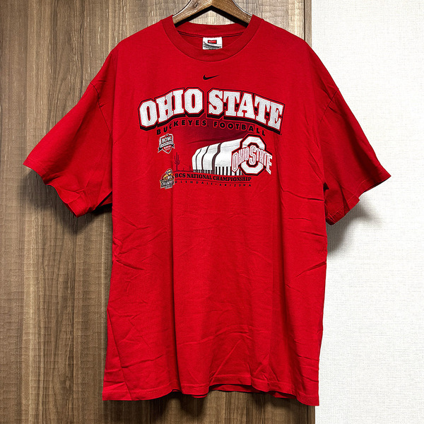 【古着】Nike(ナイキ)OHIO STATE ロゴ オーバーサイズ 半袖Tシャツ 赤 XXL