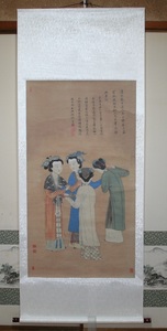 Art hand Auction 掛軸 唐寅 孟蜀宮妓図 (複製) AI56, 美術品, 絵画, 水墨画