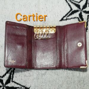 【USED】キーケース　三つ折り　カルティエ　Cartier　本革　レザー　ボルドー　ゴールド金具