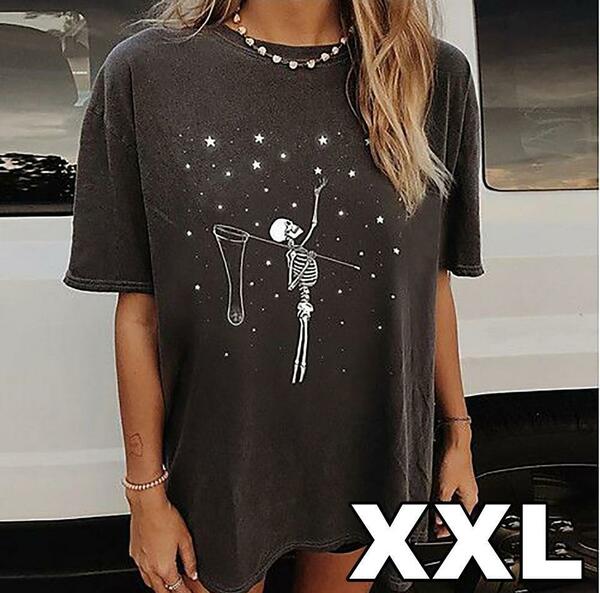 XXL 黒 ブラック Tシャツ 半袖 綿混 ドクロ 星 空 大きいサイズ