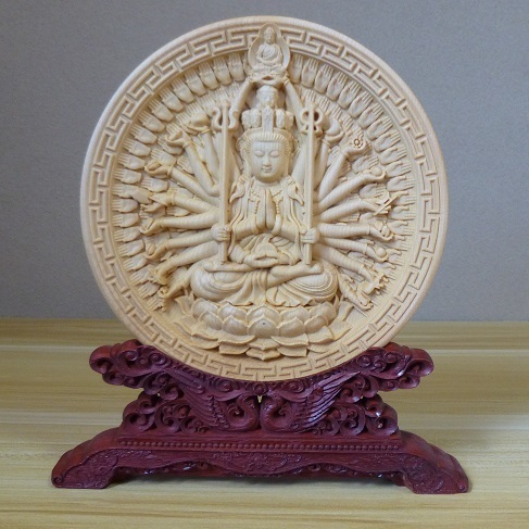 千手観音菩薩 仏像 お皿 円形 木彫り彫刻