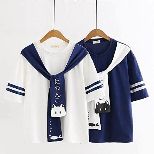 2種　2着　セット　Tシャツ　半袖　セーラー襟　学生風　セーラー服風　ブラウス風　フリーサイズ　ねこ　ネコ　猫　ホワイト　ネイビー