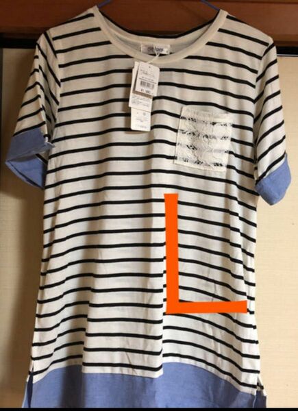 ＊再値下げ》半袖 Tシャツ カットソー Lサイズ ボーダー柄 ネイビー 白　花柄レース胸ポケット　裾と袖はデニム色