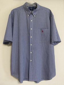 POLO RALPH LAUREN ポロラルフローレン BLAKEギンガムチェック半袖ボタンダウンシャツ XLサイズ ブルー白 