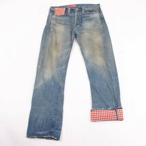 ジュンヤワタナベ マン コムデギャルソン×リーバイスLevi's 501 ギンガムチェック切替デニムパンツ ブルー赤オフS_画像1