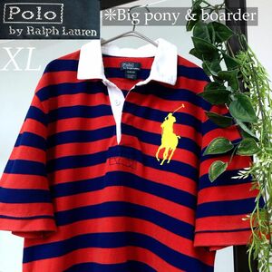 ラルフローレン ビッグポニー 刺繍ロゴ ビンテージ ポロシャツ ボーダー XL POLO LAUREN 半袖