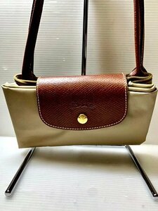 LONGCHAMP Long Champ p rear -ju shoulder bag nylon leather folding bag beige 