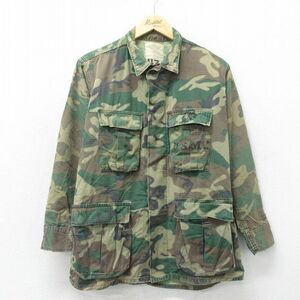 M/古着 長袖 ミリタリー ジャケット メンズ 80s USMC リップストップ ブラウンリーフカモ コットン 緑 グリーン 迷彩 24apr26 中古 アウタ