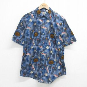 L/古着 半袖 シャツ メンズ 90s 魚 釣り 総柄 コットン 紺 ネイビー 24apr26 中古 トップス