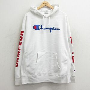 XL/古着 長袖 チャンピオン Champion リバースウィーブ パーカー メンズ ビッグロゴ ハングル文字 刺繍 大きいサイズ 白 ホワイト 24apr26