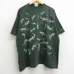 XL/古着 半袖 ビンテージ Tシャツ メンズ 90s トカゲ 大きいサイズ コットン クルーネック 緑 グリーン spe 24may06 中古