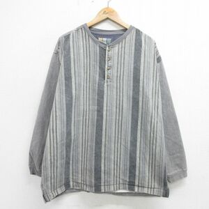 XL/古着 長袖 トップス メンズ 00s コットン ヘンリーネック グレー他 ストライプ 24may06 中古