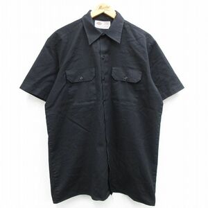 L/古着 ディッキーズ Dickies 半袖 ワーク シャツ メンズ 00s ロング丈 黒 ブラック 24may06 中古 トップス