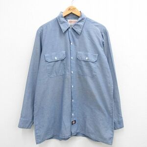 L/古着 ディッキーズ Dickies 長袖 ワーク シャンブレー シャツ メンズ 90s ロング丈 薄紺 ネイビー 24may07 中古 トップス