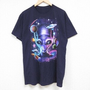 L/古着 半袖 Tシャツ メンズ 宇宙人 エイリアン UFO クルーネック 紫 パープル 霜降り 24may07 中古