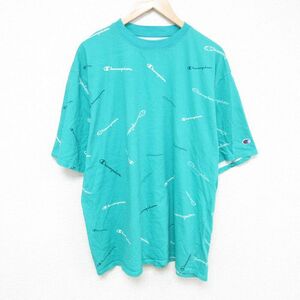 XL/古着 チャンピオン Champion 半袖 ブランド Tシャツ メンズ 総柄 大きいサイズ コットン クルーネック 青緑 24may07 中古