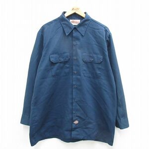 XL/古着 ディッキーズ Dickies 長袖 ワーク シャツ メンズ 90s ロング丈 紺 ネイビー 24may07 中古 トップス