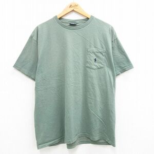 XL/古着 ラルフローレン 半袖 ブランド ビンテージ Tシャツ メンズ 90s ワンポイントロゴ 胸ポケット付き コットン クルーネック 緑系 グリ