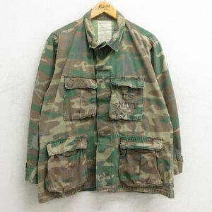 L/古着 長袖 ビンテージ ミリタリー ジャケット メンズ 70s USネイビー NAVY グリーンリーフカモ リップストップ コットン 濃緑 グリーン