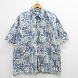 XL/古着 ピエールカルダン 半袖 ブランド ハワイアン シャツ メンズ 90s 葉 花 大きいサイズ コットン 薄紺他 ネイビー 24may09 中古 アロ