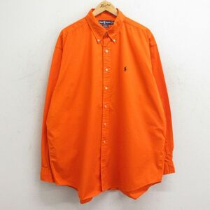 XL/古着 ラルフローレン 長袖 ブランド シャツ メンズ 90s ワンポイントロゴ BLAKE 大きいサイズ ロング丈 コットン ボタンダウン オレンジ