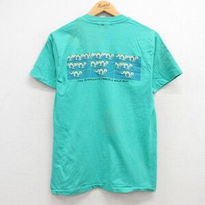 M/古着 ヘインズ 半袖 ビンテージ Tシャツ メンズ 80s RUN コットン クルーネック 青緑 24may11 中古