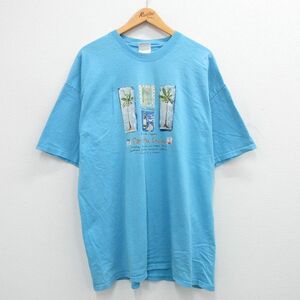 XL/古着 ヘインズ 半袖 ビンテージ Tシャツ メンズ 00s バナナ ヨット ヤシの木 大きいサイズ ロング丈 コットン クルーネック 水色 24may1