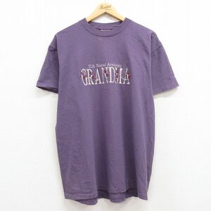 XL/古着 半袖 ビンテージ Tシャツ メンズ 90s GRANDMA 花 刺繍 コットン クルーネック 紫 パープル 24may11 中古