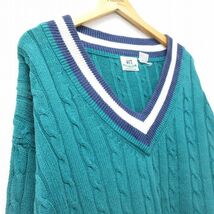 XL/古着 バンヒューセン 長袖 チルデン ケーブル セーター メンズ 90s コットン Vネック 青緑他 23dec04 中古 ニット トップス 3OF_画像2