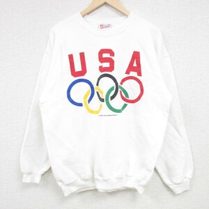 L/古着 ヘインズ Hanes 長袖 スウェット メンズ 90s オリンピック USAロゴ クルーネック 白 ホワイト 24may13 中古 スエット トレーナー ト