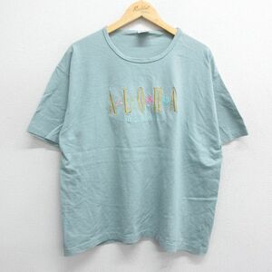 XL/古着 半袖 ビンテージ Tシャツ メンズ 90s ハワイ アロハ 刺繍 大きいサイズ コットン クルーネック 緑系 グリーン 24may13 中古