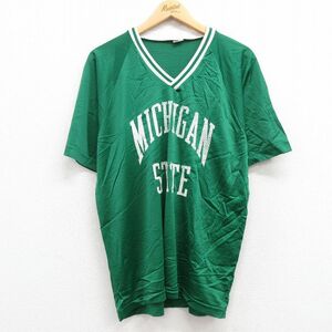 XL/古着 チャンピオン champion 半袖 ビンテージ Tシャツ メンズ 70s ミシガン メッシュ地 ラグラン Vネック 緑 グリーン 24may13 中古