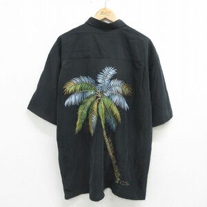 XL/古着 半袖 ハワイアン シャツ メンズ ヤシの木 刺繍 黒 ブラック 24may13 中古 アロハ トップス